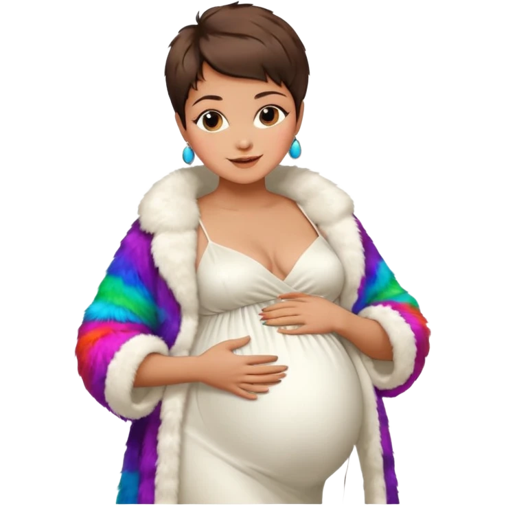 pregnant stylish woman with short pixie brunette hair happily touching her big belly while wearing white gown and fancy fur coat and colorful shades emoji
