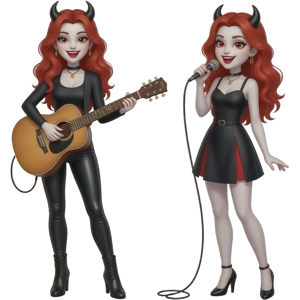 Vampiro femmina ADOLESCENTE con pelle bianca e capelli rosso ondulati lunghi che indossa dei pantaloni di pelle neri un top nero con maniche lunghe e degli stivali lunghi con tacco che canta e suona una chitarra di legno e la sua amica VAMPIRA femmina con un vestito corto canta e sono felici emoji