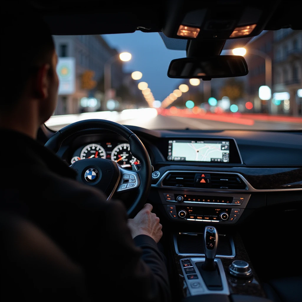 BMW Series 7 2024, night cockpit perspective, one hand on wheel, Bucharest cityscape with motion blur, photorealistic, highly realistic lighting emoji