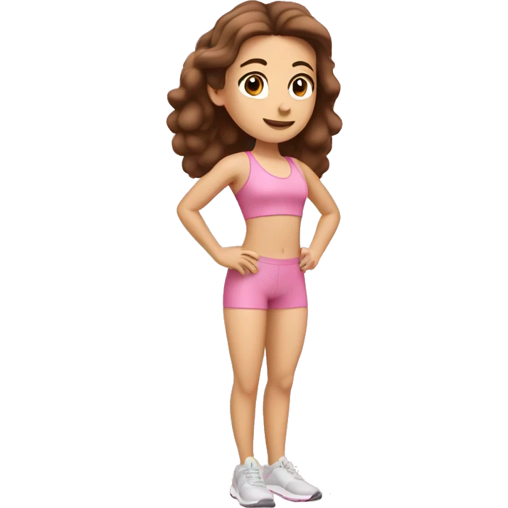 Caucasian girl with brown hair and brown eyes doing Pilates in a pink workout set emoji