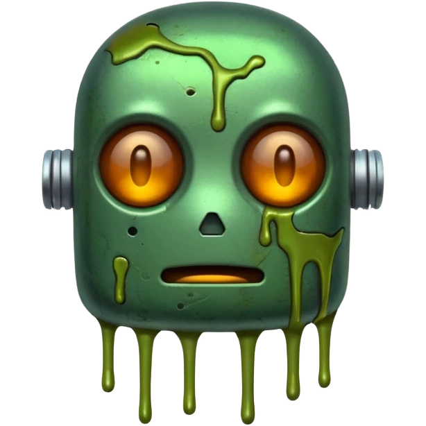 make a tired old melting robot emoji, covered in green sludge, 2d emoji
