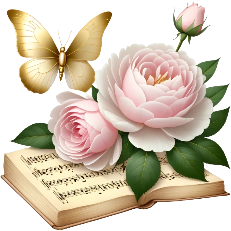 A charming antique music sheet, adorned with golden ink flourishes and pressed blush pink rose petals, resting beside a bouquet of fresh white peonies, while a pearl butterfly’s wings gently touch the delicate paper.
 emoji