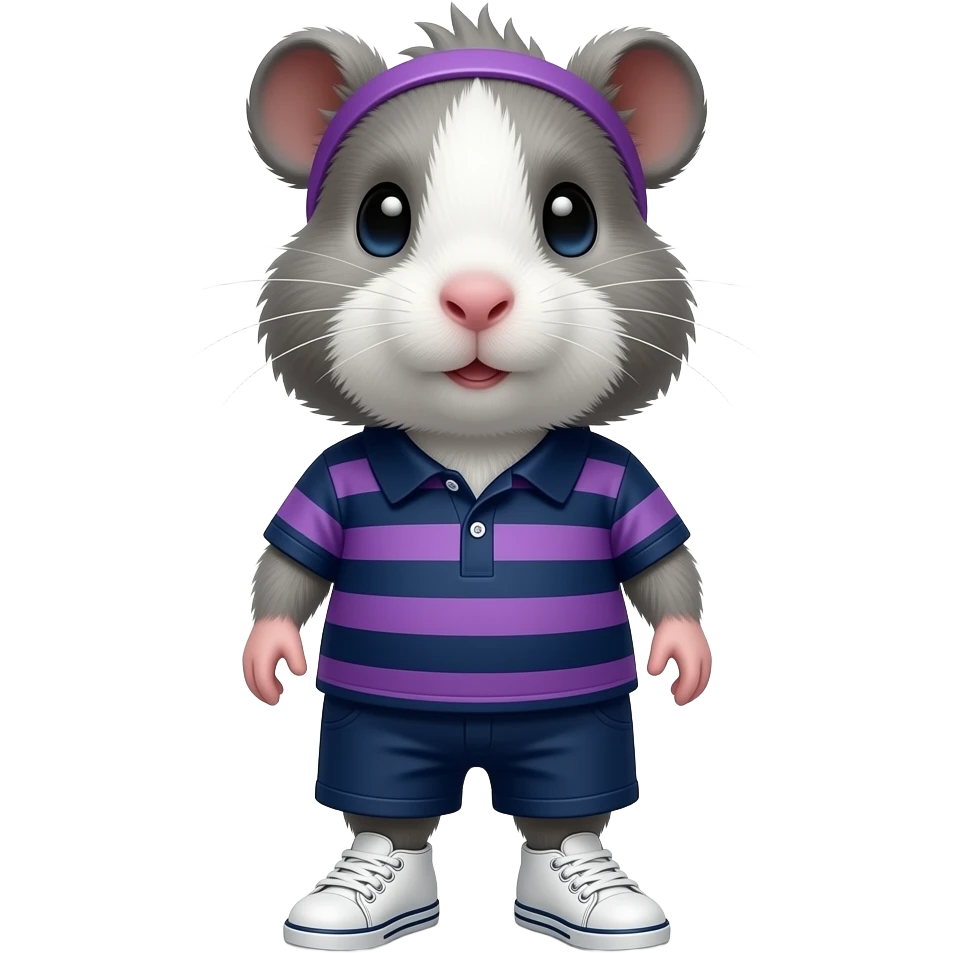 completely gray guinea pig in navy and purple stripe polo dress and white sneakers and purple hairband emoji