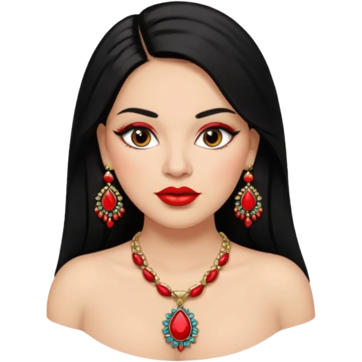 Mexican Light skin big brown eyes glamorous full figured women black medium straight hair red lips necklace and earrings long lashes emoji