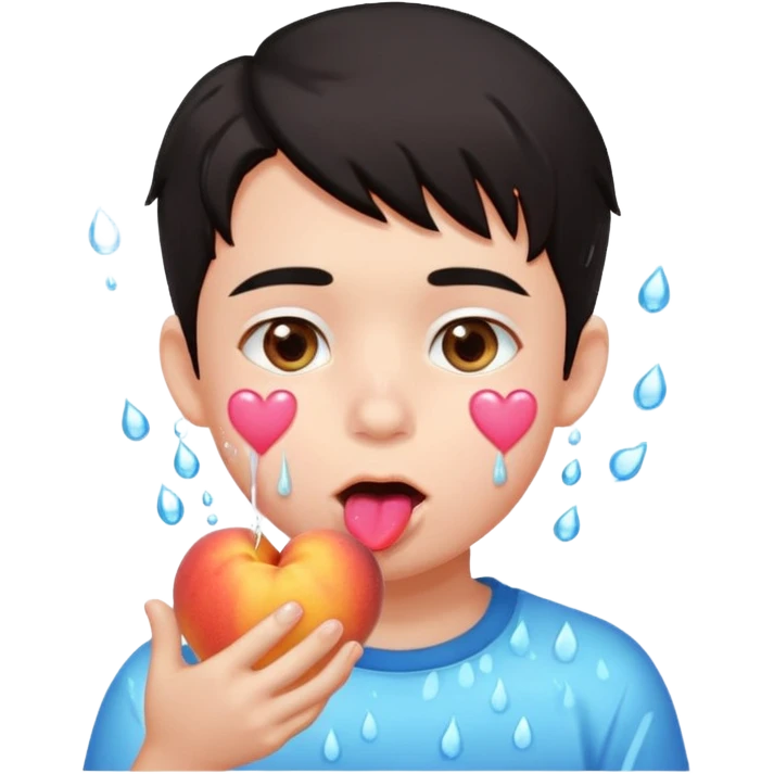 Cute boy, light pink eyes, grown out dark hair, eating a peach, pink hearts floating , water dripping from mouth emoji
