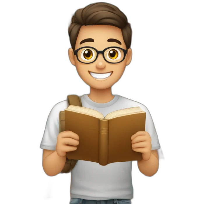joven estudiante con todos sus libros que son muchos, de piel blanca muy feliz y sonriente con un libro en sus manos y sobre su cabeza emoji