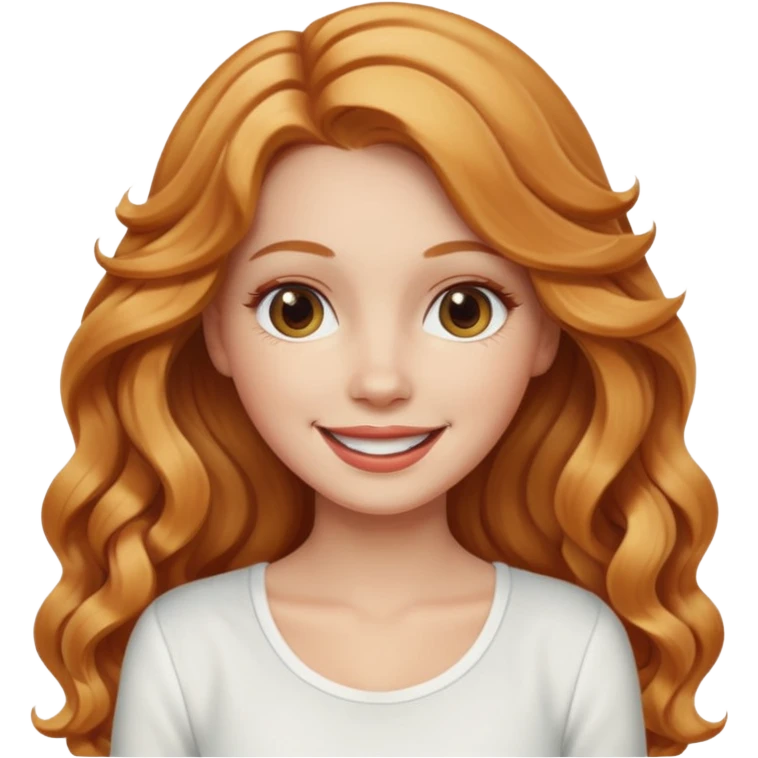 white girl with strawberry blonde supernlong wavy hair, white top  emoji