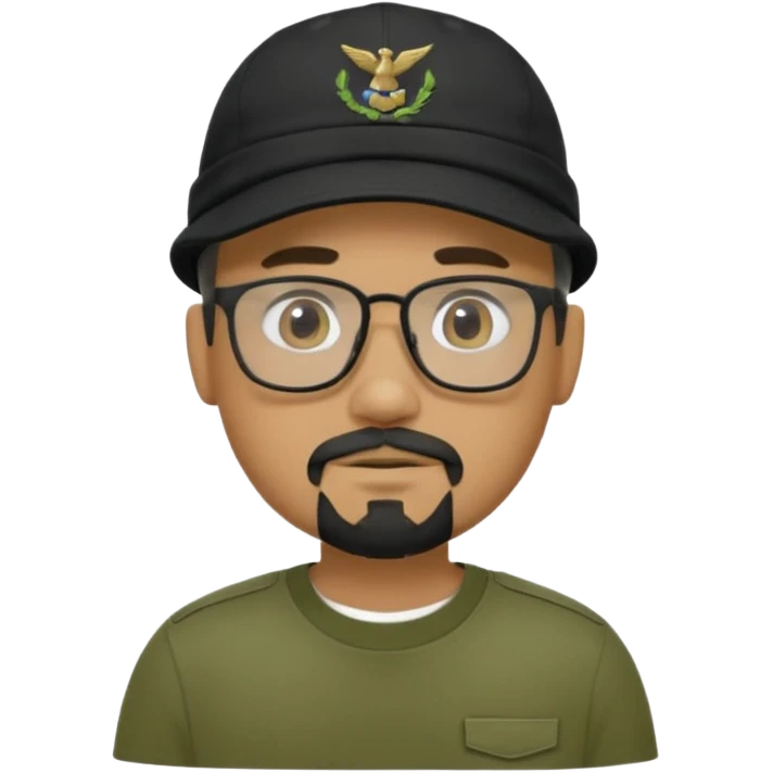 hombre trigueño , barba candado negra y blanca, anteojos, gorra negra , remera tactica verde oliva emoji