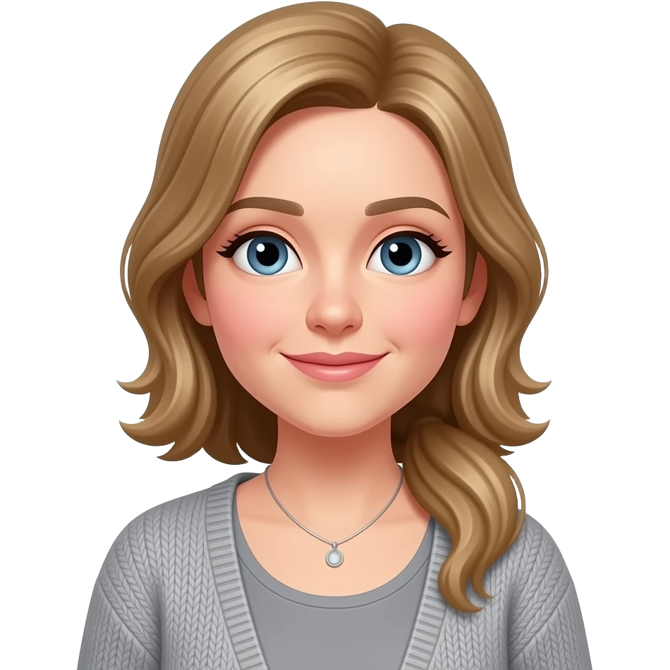 pink cheeks, smaller Blue eyes, fair skin, longer blonde/brown hair pony tail, 38 aged women, cardigan, grey top,small necklace, emoji