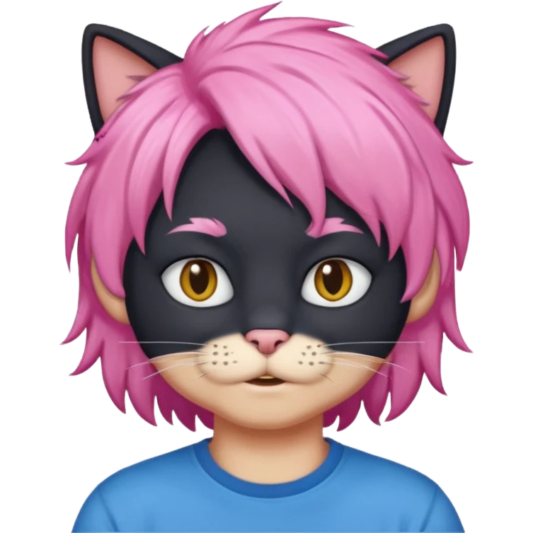 Black cat wearing a male pink hair wig, blue T-shirt emoji