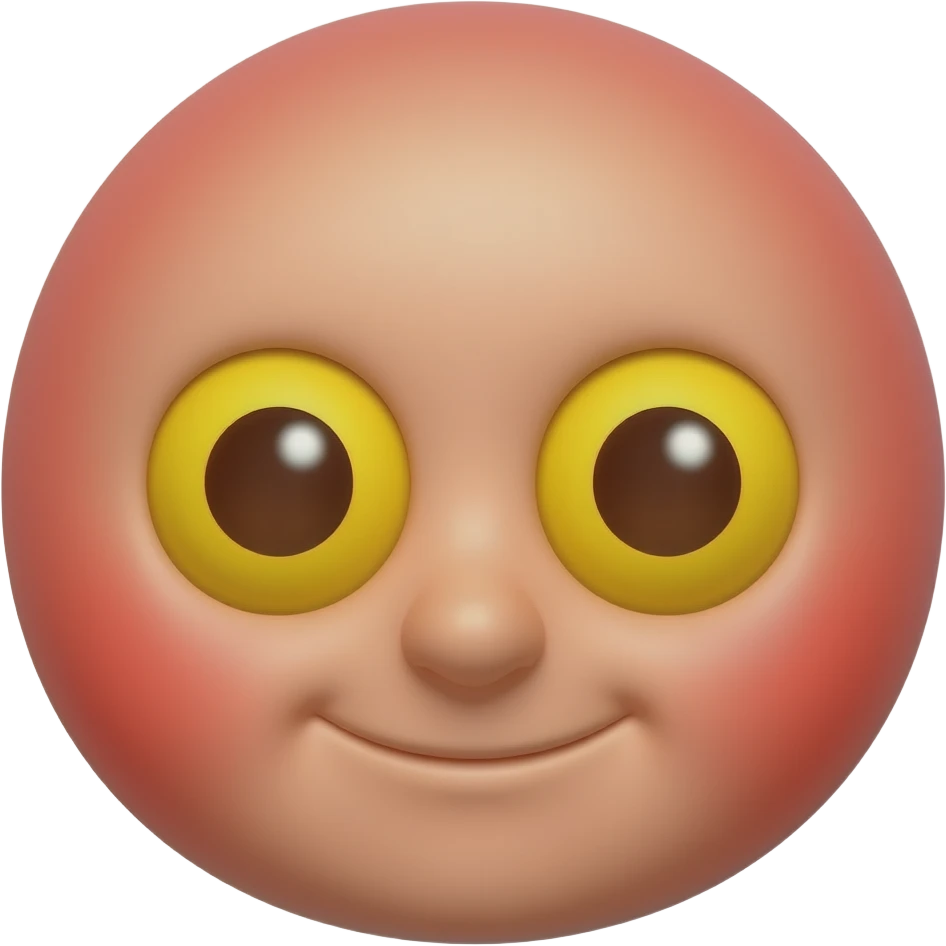 새빨간 얼굴의 홍조를 하고 있는. 노란 눈알  갈색 동공.   귀여운 만화 입체적 이모티콘 emoji