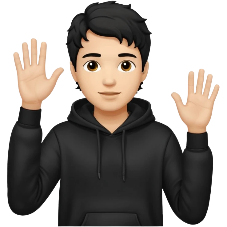 Now create man waveing with one hand with little bit wavey dark black hair with black hoodie on and make him light skin. his haircut is mid fade with hair on his forehead emoji