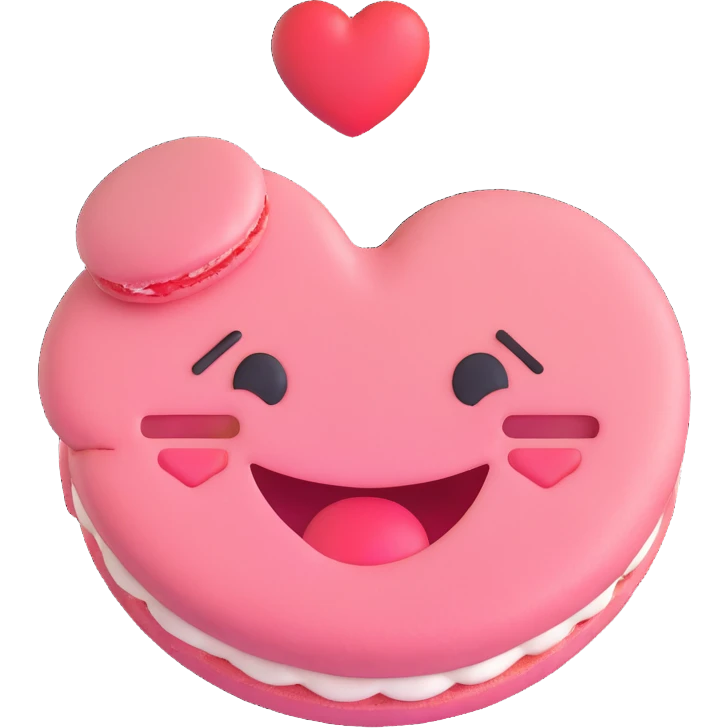 bitten macaron with love it expression, heart eyes, small smile, blushing cheeks, colorful, expressive, minimal modern emoji style emoji