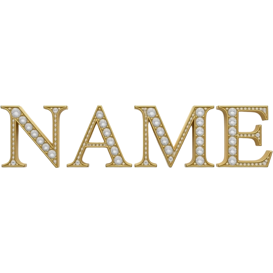 The text 'NAME' in elegant serif typography, 3D embossed gold with diamond-encrusted edges. Top-down studio lighting, sharp focus, isolated on white, luxury brand aesthetic emoji