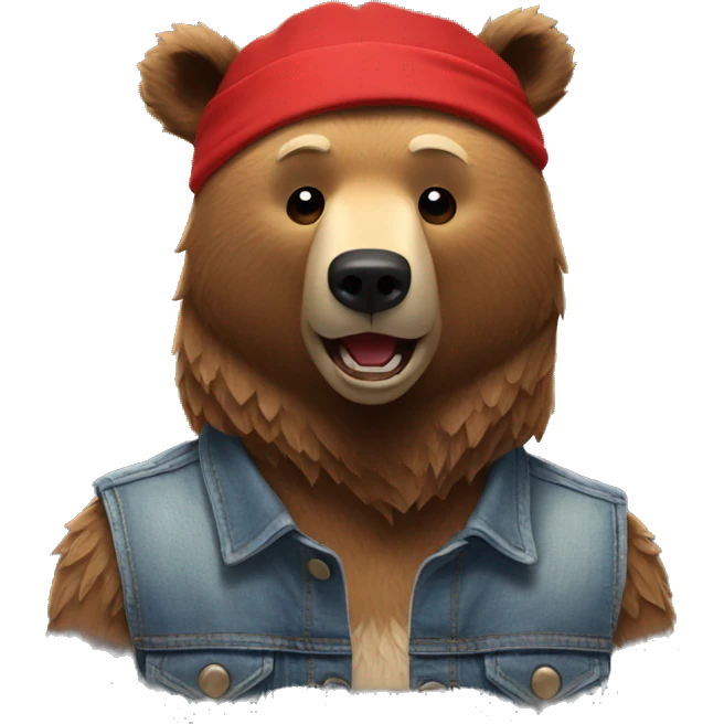 grizzly bear wearing sleeveless jean jacket and red headband with open mouth emoji