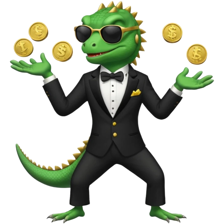 capitalist iguana banker in tuxedo and black sunglasses jongling with coins emoji