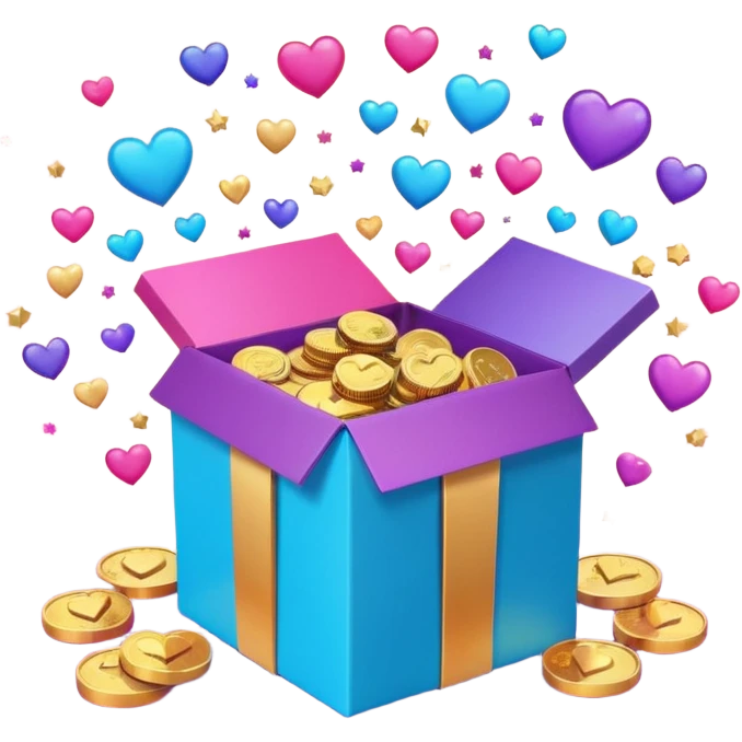 3D open gift box with Instagram logo, gold coins, hearts, stars, documents floating out, smiling human faces around, vibrant pink blue purple gradient, glossy modern style, premium marketing banner emoji