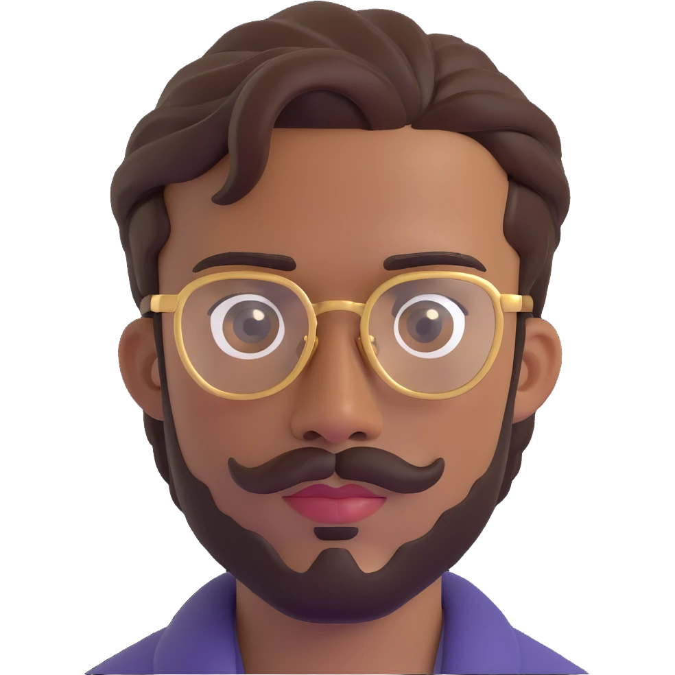 male face with medium-brown skin, short twisted hairstyle, trimmed beard and mustache, gold-rimmed glasses, neutral facial expression, distinctive features emoji