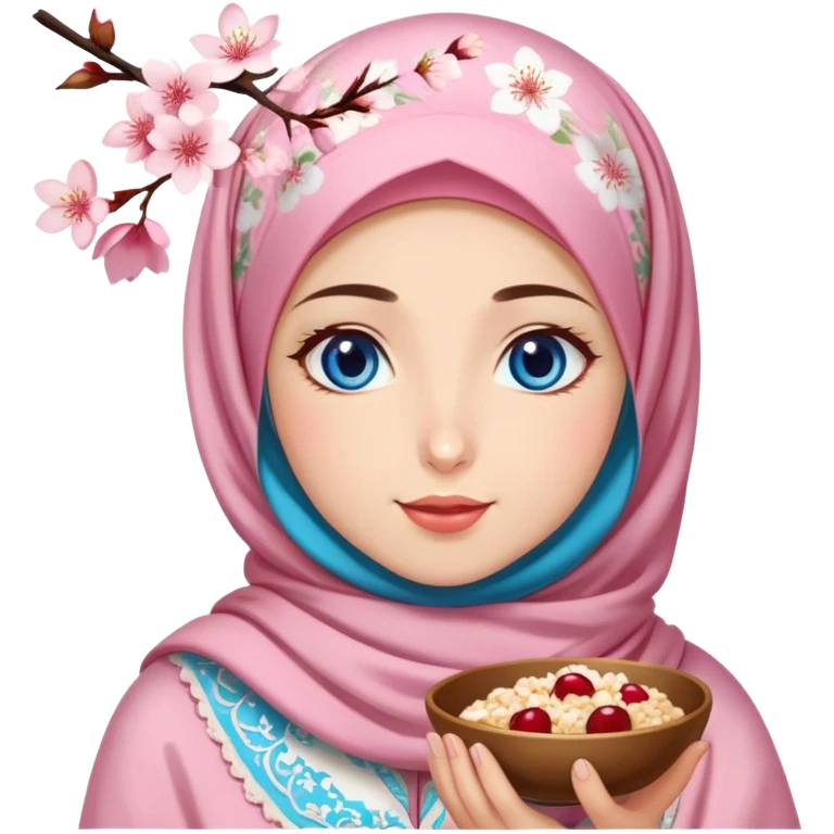 Turkish beautiful finish Konya girl blue eyes with cherry blossom floral hijab islamic dress and she’s savouring delicious food face emoji