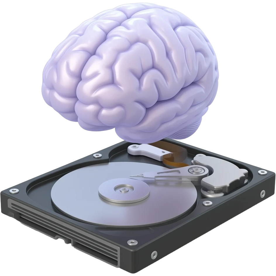 transparent synthetic brain floating on hard drive emoji