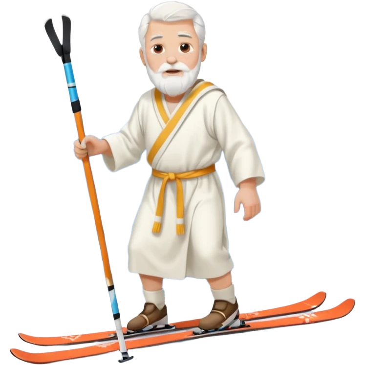 Old man white haired white beard wearing white toga robe on skis with mountains emoji