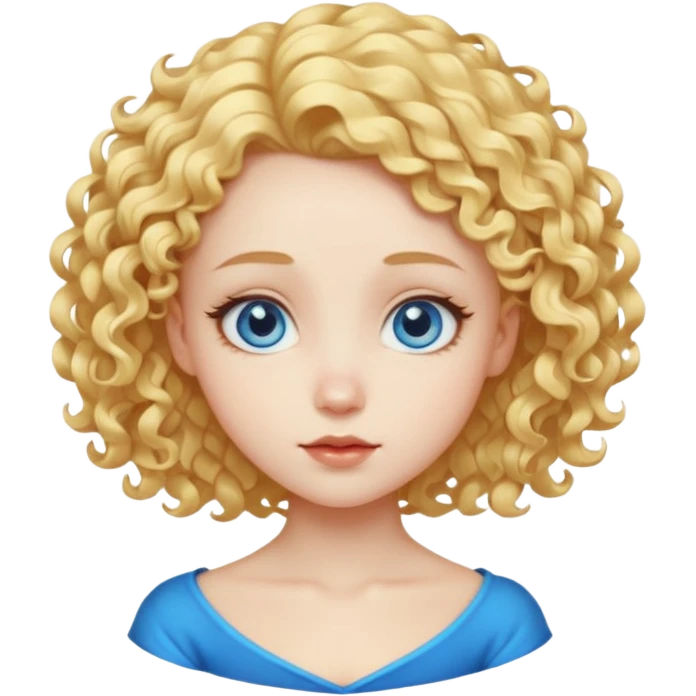 Cute fantasy character head with a large forehead, big bright blue eyes, and short, voluminous golden blond curly hair. Stylized, colorful, cartoon look focused on cuteness. emoji