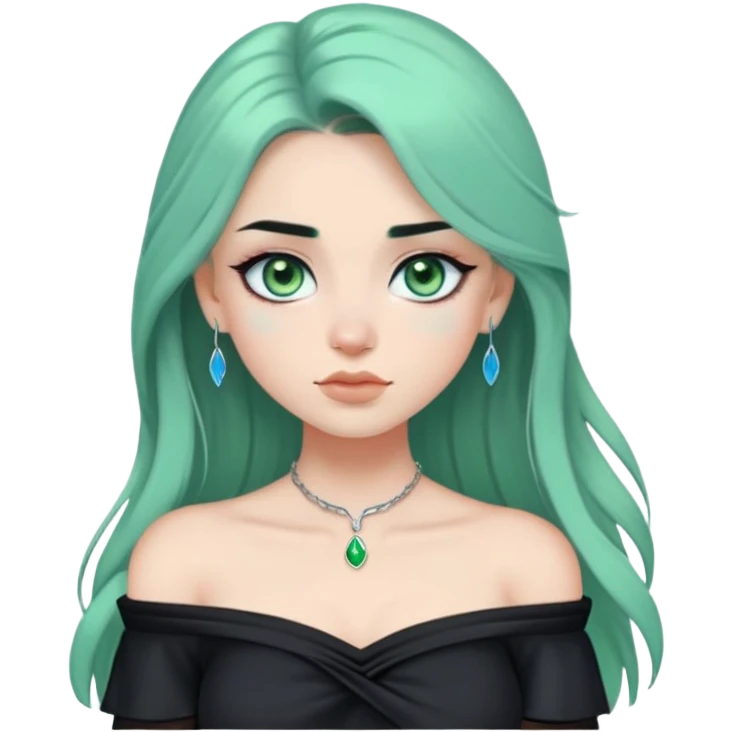 a soft, dolllike emoji girl with light sage green skin and big green-blue eyes, long black hair that swoops gently at the ends, a tiny silver nose stud and a eyebrow piercing on the left side. off the shoulder black top that shows her collarbones emoji