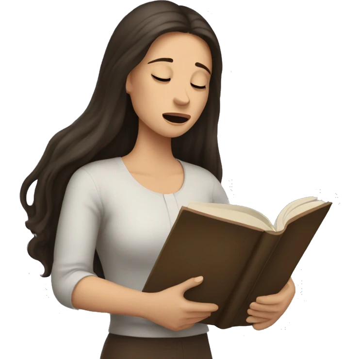 brunette long hair woman crying while holding and reading book emoji