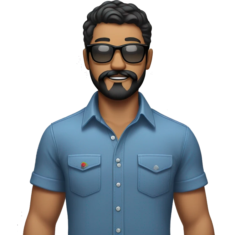  emoji of WHITE man, black hair. blue button up shirt, black glasses, beard and mustache. tattoo of rose on right arm and apple watch emoji