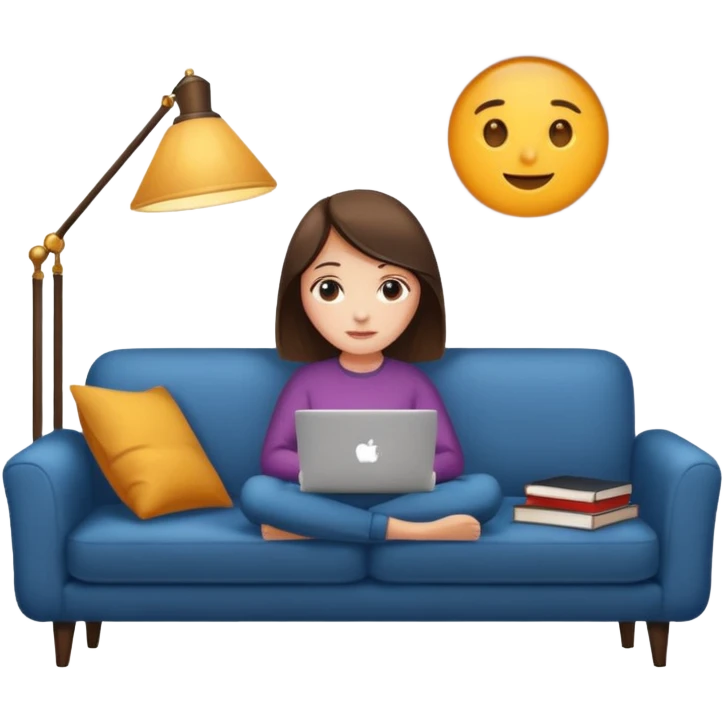 A girl is working with a laptop while lying on a sofa, with a floor lamp to the right. emoji