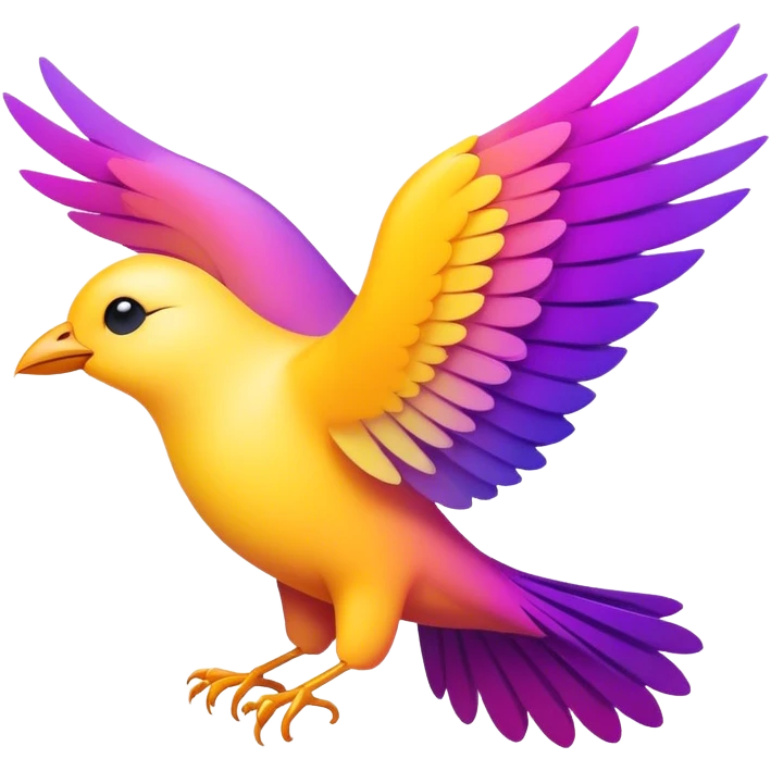 Create a minimalist, emoji-style icon of a bird in flight, symbolizing freedom, growth, and aspiration. The bird should have a sleek, modern design, with its wings slightly stylized to resemble a rising graph or digital wave, representing progress and AI. Use vibrant African-inspired colors like purple, yellow, for the bird, with a gradient effect to make it visually striking. The design should feel uplifting, dynamic, and scalable for a tech brand focused on education and upskilling emoji