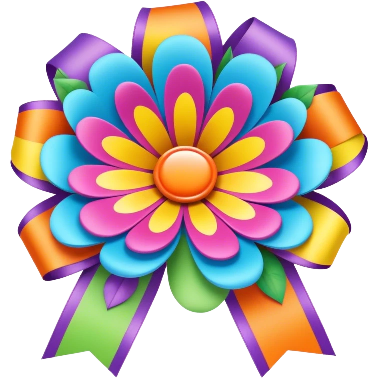 3D, psychedelic colored ribbon with hippie style flower border emoji