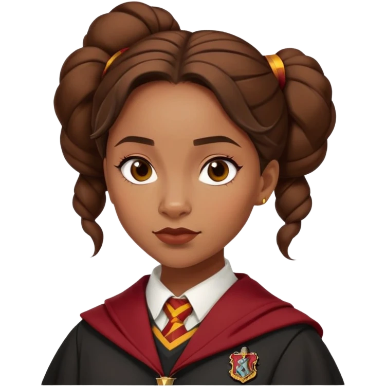 Angelina Johnson in harry potter, wear hogwarts gryfindor uniform,  thick, brown bun hair , reflecting her bold, stylish, and strong personality emoji