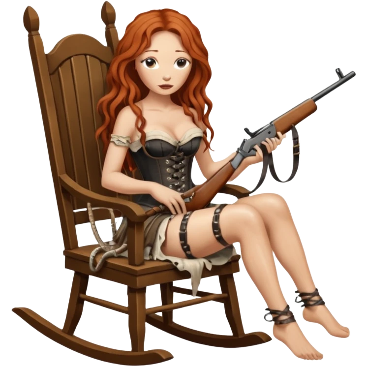 realistic cinematic Tori Amos sits on a rocking chair in a torn corset, holding an antique rifle and her bare feet are muddy. A white snake is wrapped around the chair. emoji