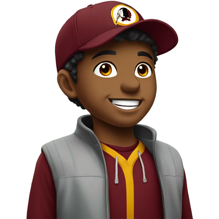 a little slimmer smiling boy by the window with a redskins hat emoji