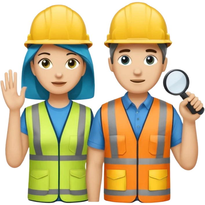 Um homem e uma mulher amarelos com capacete de obras ambos azul escuro e camisa social cinza com faixas refletivas verdes nos braços, Um deles deve estar segurando um megafone emoji