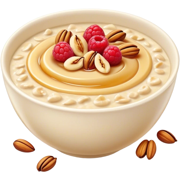 Cinematic creamy oatmeal, smooth texture with a swirl of honey on top, garnished with fresh berries and nuts, warm and comforting, cozy golden tones, rich and delicious. emoji