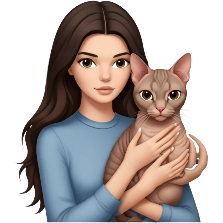 brunette Kendall Jenner with long hair holding on the hands a Sphynx cat emoji