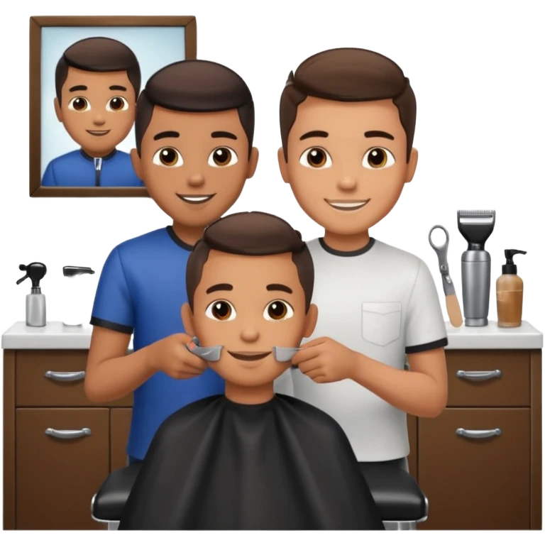 Barber cutting boys hair. Show the boy sat in black barber chair and both having smiles on their faces emoji