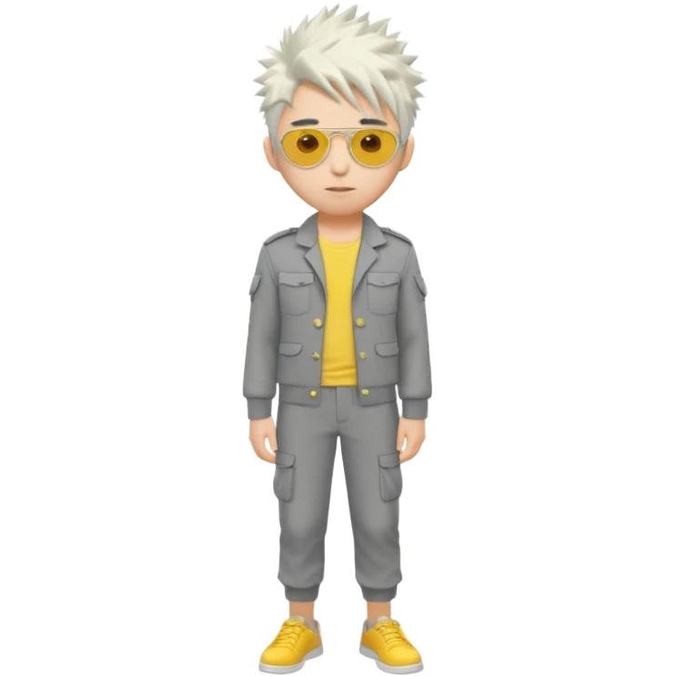 A japanese guy with white messy spiky hair circle sunglasses wearing a uniform gray and a yellow button on the top right of the uniform gray pants emoji