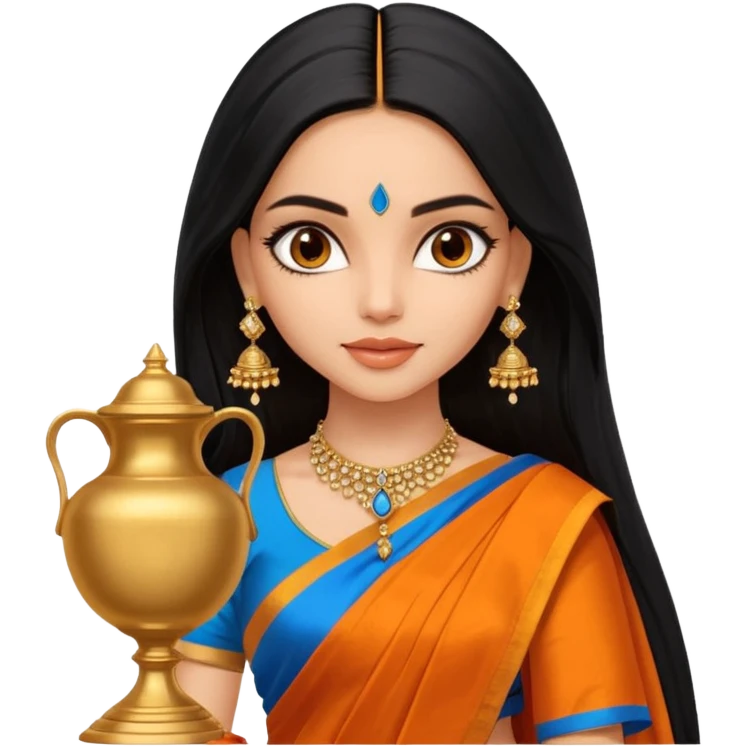 generate a pretty bratz Deepika Padukone with long black hair middle parted.
Wearing an orange saree with a blue blouse, golden jhumkas
SHe shoudl look like deepika padukone. dark brown eyes and carrying an urn emoji