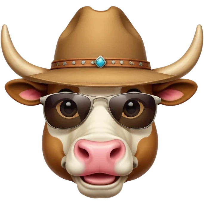 friendly anthropomorphised bull head wearing sunglasses and a cowboy hat emoji