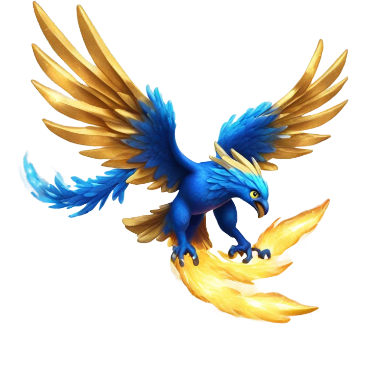 A molten gold phoenix with electric-blue wings, mid-flight, leaving a trail of fiery stardust and sparks. emoji