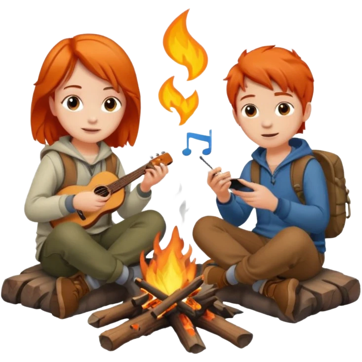 A boy with brown hair and a orange haired girl sitting at a campfire listening to music emoji