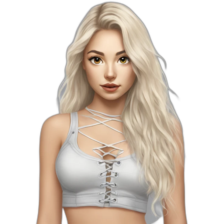caucasian straight long haired blonde, white plush lace up crop top, tight grey mini skirt, hyperrealist drawing emoji