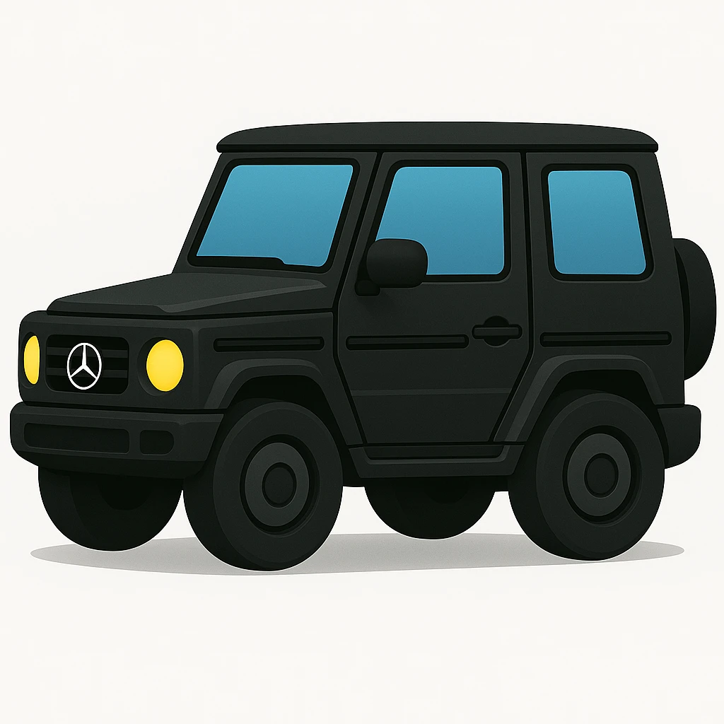 Create a small and simple side view illustration of a Mercedes G-Class SUV in black color. The style should be colorful and friendly, inspired by but not exactly like Apple emoji style, with minimized details for clarity and simplicity. emoji