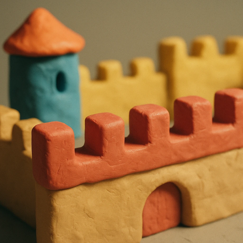3D fortress with battlements, claymation style emoji