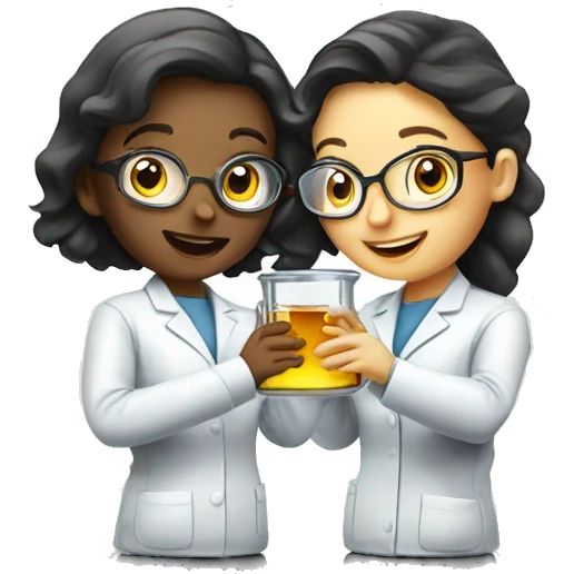  two scientists girls holding one clear glass chemistry emoji