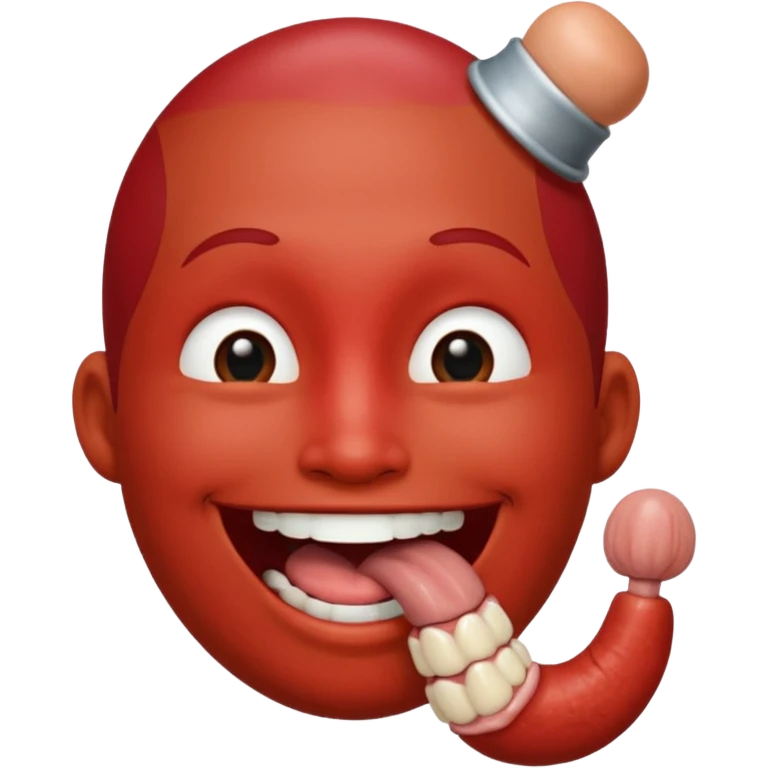 Smiley emoji sucking on a penis which is hanging out of it’s mouth while the testicles hang down emoji