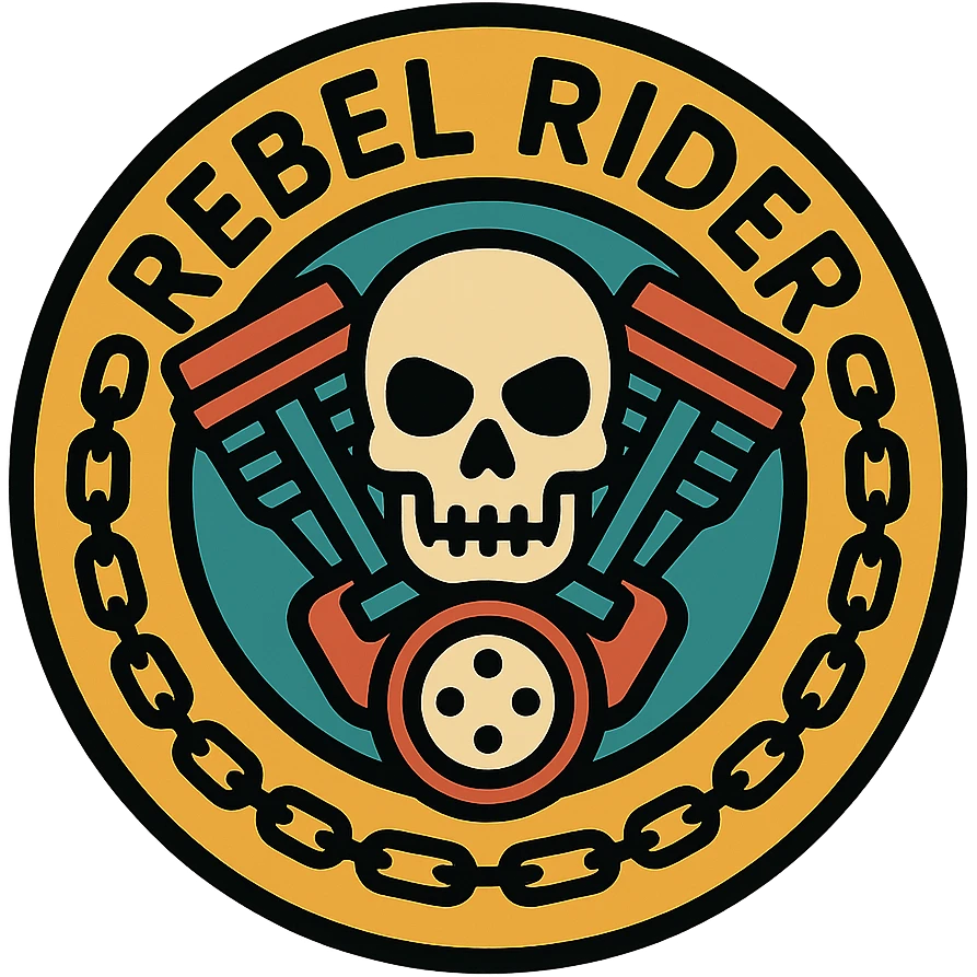 circular motorcycle cap design with the English phrase 'Rebel Rider', featuring motorcycle motifs like skull, motor, chain, rebellious style emoji